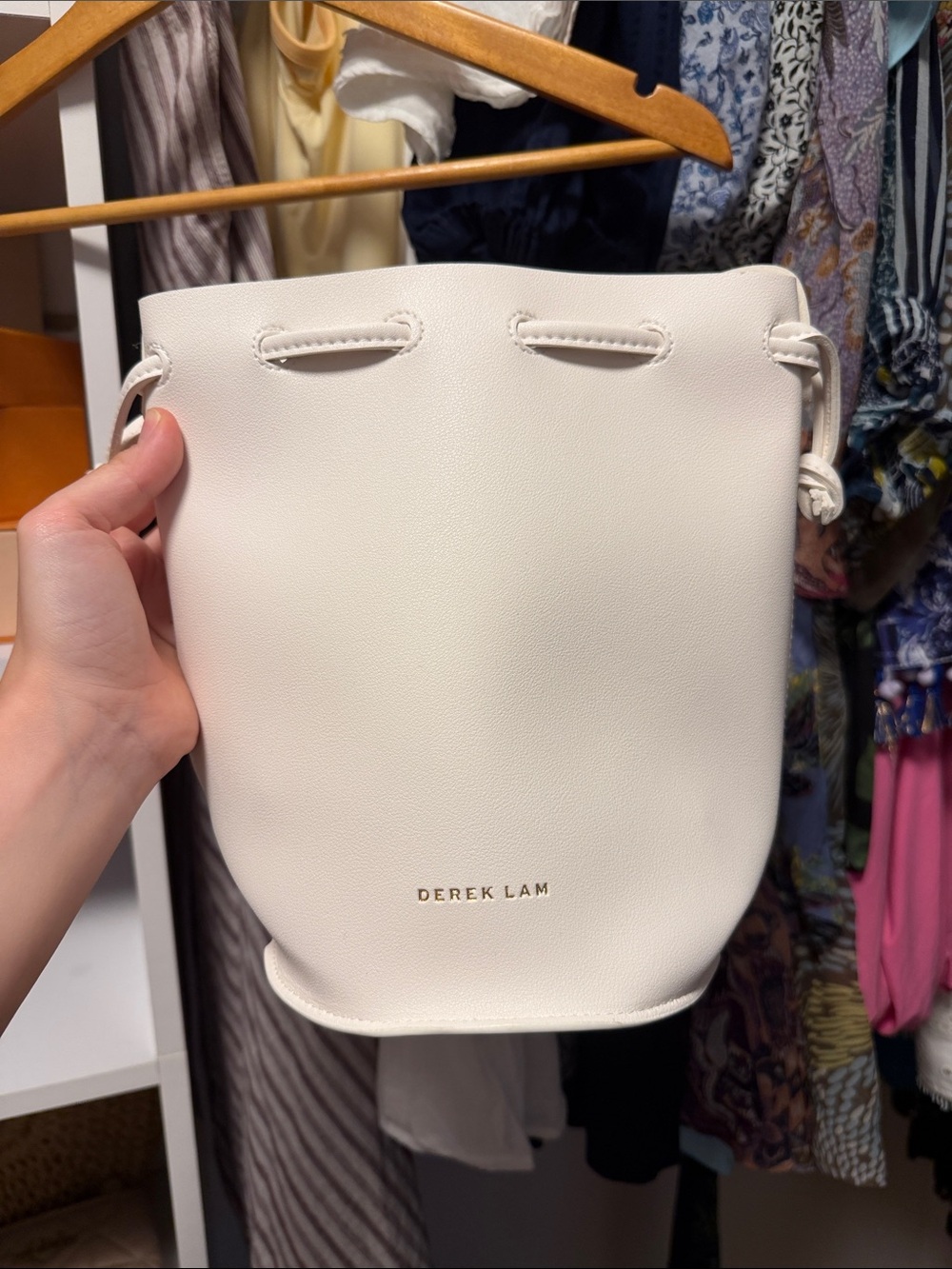 Derek Lam Cream Leather Drawstring Mini Bucket Bag